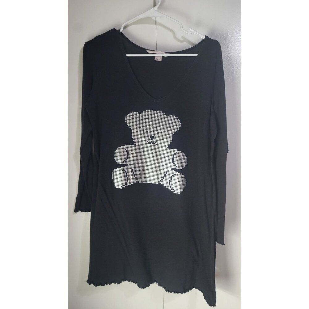 Y2K Victoria’s Secret Black Silver Metallic Teddy Bear Sleep Shirt V Neck SZ M - Picture 1 of 9